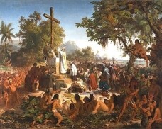 Die Missionen in Brasilien: Heilige Messe von Missionaren in Brasilien; Indianer schauen zu