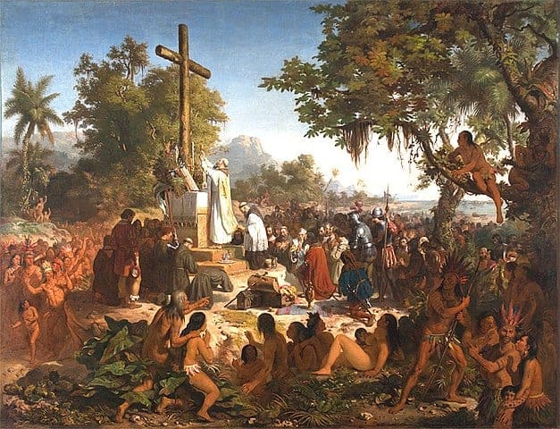 Die Missionen in Brasilien: Heilige Messe von Missionaren in Brasilien; Indianer schauen zu
