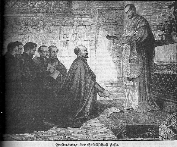 Gründung des Jesuitenordens: Der heilige Ignatius von Loyola kniet vor dem Papst, der ihm die Gründungsbulle überreicht; der Papst steht vor dem Altar; die fünf weiteren Mitglieder des Ordens knien hinter dem heiligen Ignatius