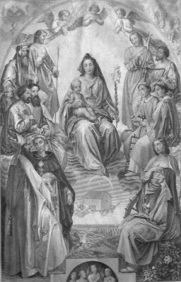 Unsere Liebe Frau, die Gottesmutter Maria, sitzt, umringt von vielen Heiligen, in der Mitte, ihren Sohn Jesus auf dem Schoß, eine Lilie in der linken Hand; unter ihr ist das Häuschen zu sehen, daß von Engeln zum Gnadenort Loreto getragen wird