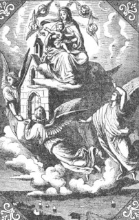 Die Übertragung des heiligen Hauses von Nazareth nach Loreto; getragen von den Engeln; Maria die Muttergottes und ihr Sohn, der Heiland Jesus Christus auf ihrem Schoß, befinden sich auf dem Dach ihres Häuschen