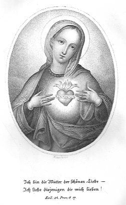 Ein wunderschönes Bild von Maria mit ihrem heiligen, unbefleckten Herzen, von Dornen umgeben und mit Flammen der Liebe, sowie unter dem Bild die Inschrift: Ich bin die Mutter der schönen Liebe