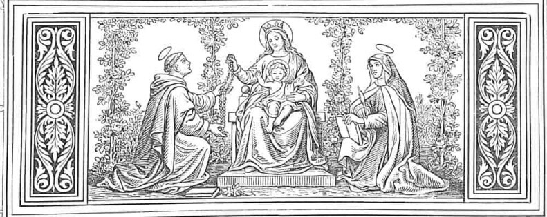 Maria, die Rosenkranzkönigin, übergibt dem heilige Dominikus den Rosenkranz; auf ihrem schoß sitzt das Jesuskind; rechts kniet eine heilige Nonne, die mit einer Schreibfeder und einem Buch zu sehen ist