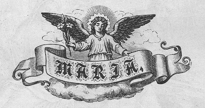 Ein Engel mit einem Lilienzweig in der Hand steht auf einer Wolke