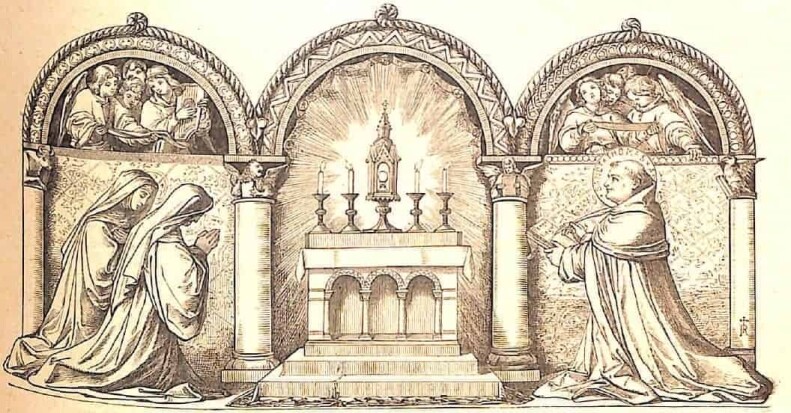 Zu Fronleichnam und zur allgemeinen Anbetung: Auf dem durch drei Bögen aufgeteilte Bild sieht man in der Mitte den Altar, auf dem Monstranz mit dem allerheiligsten Altarsakrament steht sowie vier brennende Kerzen; links knien zwei Nonnen in anbetender Haltung, rechts kniet ein Mönch; über ihm sieht man Engel in dem Bogen