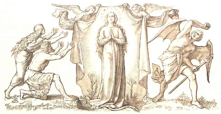 Die Unbefleckte Empfängnis, die Gottesmutter Maria, steht mit gefalteten Händen und mit einem Fuß auf der Schlange, zwei Engel halten eine Art Mantel hinter ihr als königliches Zeichen; links sieht man Adam und Eva die Hände ausgebreitet zu ihr hingewandt; auf der rechten Seite ist der Teufel mit seiner Forke zu sehen, der sich furchtsam abwendet