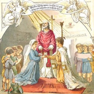 Ein Priester segnet das Brautpaar, das den Bund der Ehe eingehen will; das Brautpaar hält sich kniend die Hand; links und rechts stehen Kinder, die singen; über dem Priester und den Brautleuten sind zwei Engel, die ein Spruchband halten mit dem Text: Dieses Geheimnis der Ehe ist groß, ich sage aber in Christo und in der Kirche