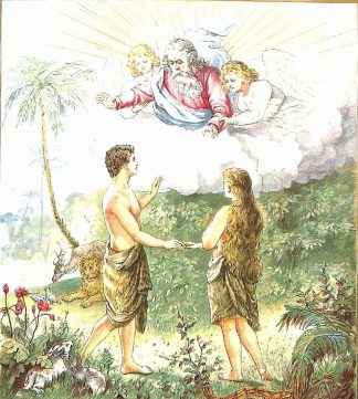 Christlicher Ehestand: Von Gott wurde die Ehe eingesetzt: Adam und Eva im Paradies, umgeben von Pflanzen und Tieren, halten sich die Hand zum Ehebund; am Himmel sieht man Gott, der Adam und Eva als Eheleute segnet