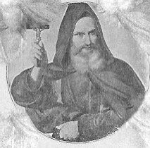 Ein Porträt des Mönches Markus von Aviano un seinem Mönchsgewand, die Kapuze über dem Kopf; in der rechten Hand hält er ein Kruzifix hoch