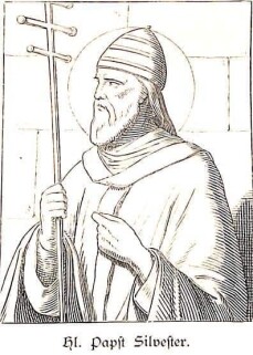 Zeichnung des Papstes Silvester, er ist abgebildet mit Bart, mit päpstlicher Kleidung damaliger Zeit , er trägt ein dreifaches Kreuz in der rechten Hand