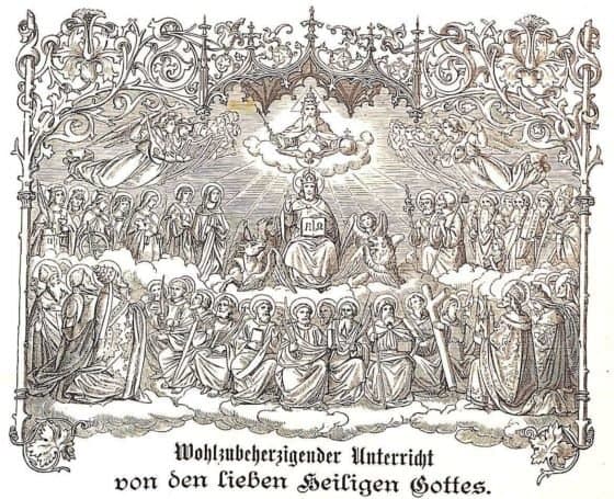 In einem mit Ranken und Blumen geschmückten Rahmen sieht man in der Mitte die allerheiligste Dreifaltigkeit, Gott Vater, Gott Sohn, Gott Heiliger Geist; um die Trinität herum scharen sich Engel im oberen Bereich, um Christus die liebe Heiligen Gottes