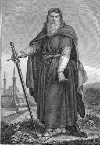 Der heilige Apostel Paulus sieht majestätisch aus, wie er da steht mit Vollbart und in der rechten Hand auf ein Schwert gestützt