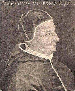 Ein Porträt von Papst Urban VI. Er trägt die damals übliche päpstliche Kleidung, er schaut ernst