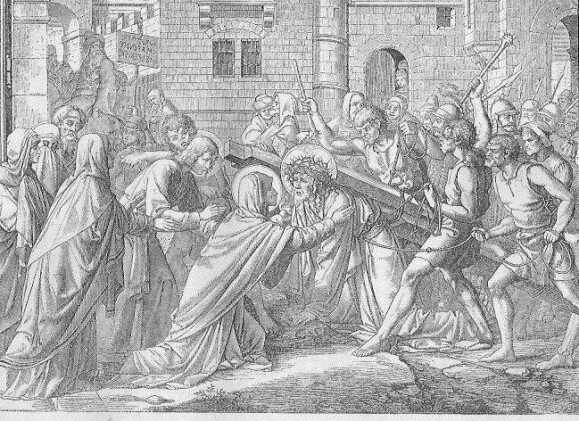 Jesus, der durch die Leiden zu Boden gefallen ist unter der Last des Kreuzes, begegnet seiner Mutter, die vor ihm kniet, rechts sind die Schergen, die grimmig auf den Heiland einschlagen wollen, links die Frauen, die weinen