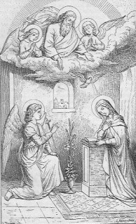 Man sieht rechts die Jungfrau Maria, die an einem Lesepult demütig kniet und den Kopf neigt; ihr gegenüber kniet der Engel Gabriel; vor dem Lesepult steht eine Vase mit einer Lilie, Symbol der Keuschheit; über ihnen sieht man Gott Vater, rechts und links sind zwei Engel, von Wolken umgeben