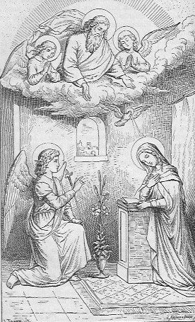 Man sieht rechts die Jungfrau Maria, die an einem Lesepult demütig kniet und den Kopf neigt; ihr gegenüber kniet der Engel Gabriel; vor dem Lesepult steht eine Vase mit einer Lilie, Symbol der Keuschheit; über ihnen sieht man Gott Vater, rechts und links sind zwei Engel, von Wolken umgeben