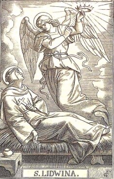 Die heilige Lidwina liegt auf einem Strohbett, das Kreuz in der Hand; ein Engel über ihr reicht ihr die Krone für ihr Leiden