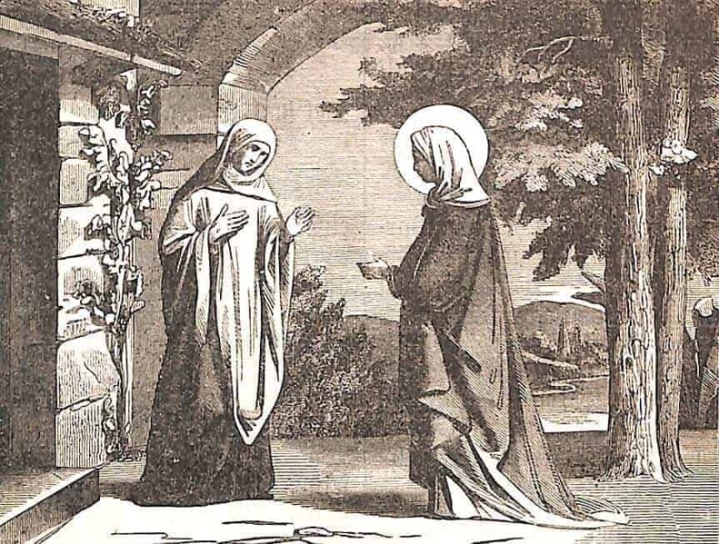 Man sieht die beiden Frauen, Elisabeth und Maria, vor dem Hause Elisabeths; Maria in erhabener, heiliger Haltung, Elisabeth vor dem Eingang des Hauses begrüßt Maria in ehrfürchtiger Haltung