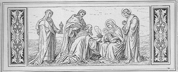 Die heiligen drei Könige, auch Weisen oder Magier genannt, bringen dem Christuskind Geschenke, Weihrauch und Myrrhe; Maria sitzt, das Jesuskind im Arm, vor ihnen, der heilige Joseph steht seitlich hinter Mutter und Kind