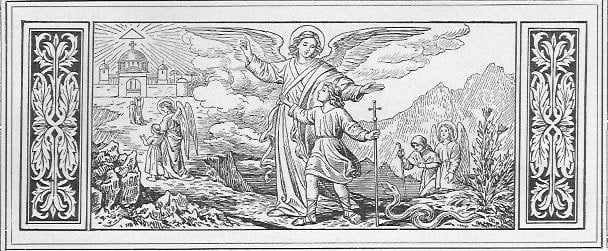 Der heilige Schutzengel begleitet einen Jungen auf dem Weg, hinter ihnen sieht man den Schutzengel eines gebrechlichen Wanderers; links einen Schutzengel, der ein Kind zur Kirche begleitet