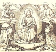 Jesus Christus mit seinen Heiligen, die ihm Verehrung zollen und ihn anbeten