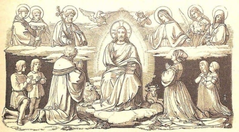 Jesus Christus mit seinen Heiligen, die ihm Verehrung zollen und ihn anbeten