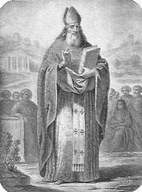 Der heilige Timotheus steht im Bischofsgewand mit einem Buch in der Hand; möglicherweise predigt er, denn im Hintergrund sieht man Leute, die ihm zuhören