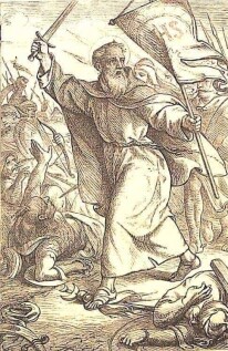 Der heilige Johannes von Capistran geht voran im Kampf gegen den Islam, in der rechten Hand das Schwert, in der linken die Fahne mit dem IHS-Zeichen, um ihn herum sieht man tote und verwundete Feinde