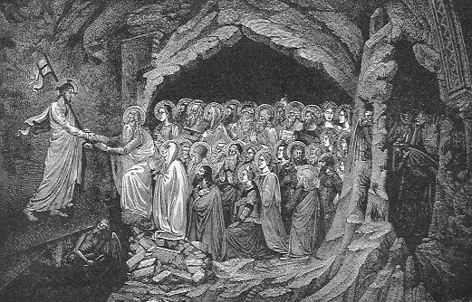 Der auferstandene Christus mit der Siegesfahne begrüßt die Gerechten, Männer und Frauen, aus der Vorhölle, die Er nun in den Himmel führt; sowohl rechts in der Höhle wie auch unter den Füßen Jesu sieht man die Höllengeister