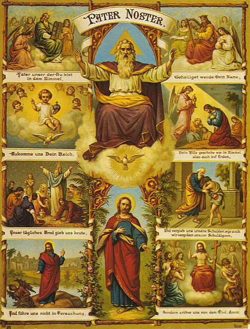 Kurze Auslegung des Vaterunser: Text des „Vaterunser“ mit der Dreifaltigkeit in der Mittelspalte (Gottvater, Taube des Heiligen Geistes, Jesus) und biblischen und symbolischen Szenen in der linken und rechten Spalte.