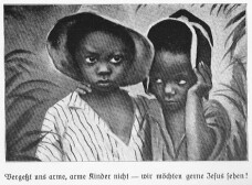 Das Los von Sklavenkindern: Zwei afrikanische Kinder, ein Junge und ein Mädchen, bitten um christliche katholische Missionierung, um dem Götzendienst zu entfliehen