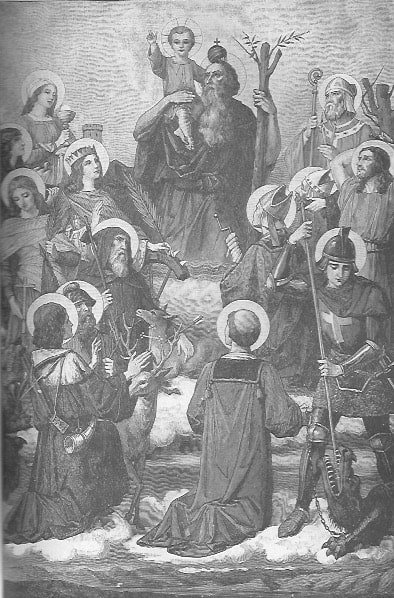 Blick zur triumphierenden Kirche aller Heiligen: Der heilige Joseph trägt das Jesuskind auf den Schultern, umringt von den Heiligen aus allen Ständen