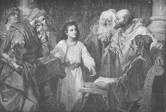 Der zwölfjährige Jesus steht im Tempel von Jerusalem inmitten der Gesetzeslehrer und beantwortet Fragen; jene aber staunten über seine Weisheit