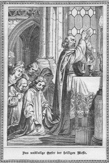 Das unblutige Opfer der heiligen Messe vom Priester am Altar vollzogen und das gläubige Volk kniet und betet an