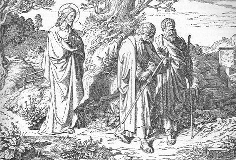Die zwei Jünger von Emmaus gehen traurig ihren Weg, Jesus folgt ihnen unbemerkt; die Gegend ist hügelig mit knorrigen Bäumen und vereinzelten Pflanzen