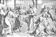 Jesus erscheint im Abendmahlsaal, der ungläubige Apostel Thomas kniet vor Christus und legt seine Finger in die Seitenwunde Jesu; die anderen Apostel und Jünger schauen kniend oder auch aufgeregt zu