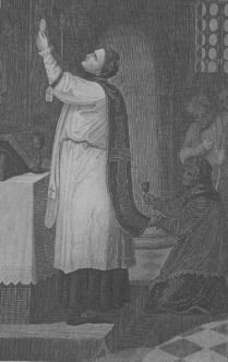 Das Jesuskind erscheint in der hl. Messe: Der Priester hält die konsekrierte Hostie hoch