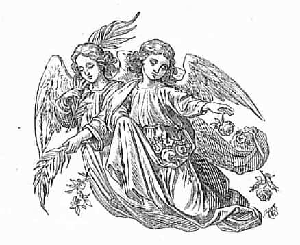 Zwei himmlische Wesen mit Flügeln, das eine mit Palmzweigen in den Händen, das andere läßt aus dem Gewand Rosen nieder fallen