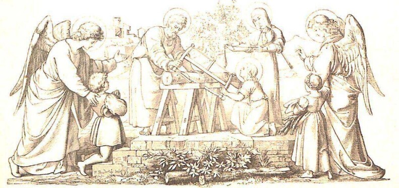 Der heilige Joseph und das Jesuskind sägen einen Baumstamm, der auf zwei Holzböcken liegt; Maria die Muttergottes steht beiseite; rechts und links stehen zwei Engel, bei dem linken kniet ein Junge, bei dem rechten steht ein Mädchen; beide Engel zeigen auf die heilige Familie