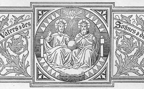 Das Kirchenjahr Weihnachtskreis, Osterkreis, Pfingstkreis: In dem Bild sieht man die allerheiligste Dreifaltigkeit, Gott Vater, Gott Sohn Jesus Christus, Gott Heiliger Geist als Taube