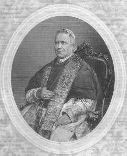 Papst Pius IX. in seiner päpstlichen Kleidung sitzend, mit der Abfassung des Syllabus die Verwerfung des Liberalismus und damit auch des Modernismus.