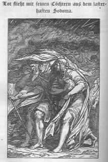 Lot flieht mit seinen Töchtern aus dem lasterhaften Sodoma, die Strafe ist zu sehen durch schwarze Wolken und Unwetter