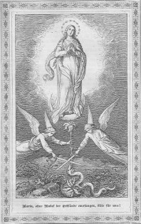 Maria die Unbefleckte schwebt auf den Halbmond stehend in hellem Licht.