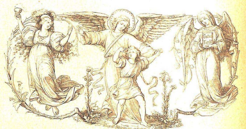 In der Mitte ist der heilige Schutzengel, der das Kind bei der Hand hält; rechts davon steht ein Engel mit einem Buch, auf der linken Seite steht eine Frau, die als Versucherin erscheint, aber vom heiligen Schutzengel mit der rechten Hand abgewehrt wird
