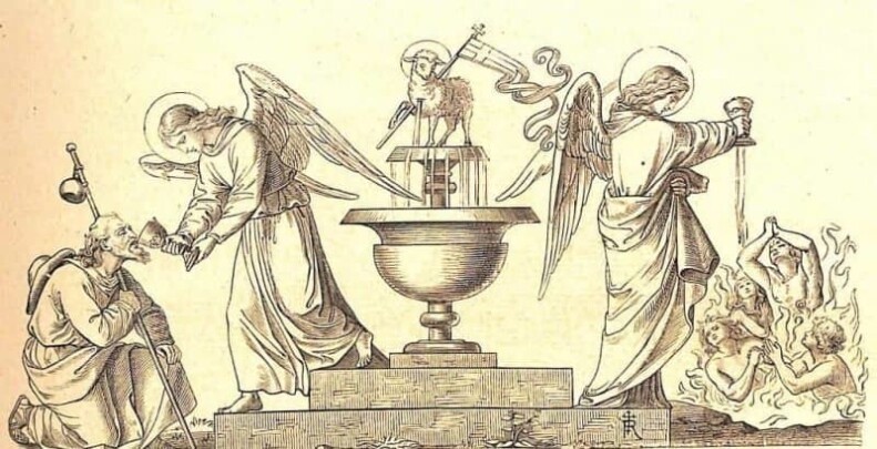 Das Lamm Gottes steht auf dem Brunnen des Lebens, die Engel geben den Kelch zur Kommunion den armen Seelen und dem Pilger auf Erden