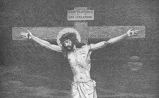 Christus hängt, halb nackt und mit einer Dornenkrone "geschmückt", mit ausgebreiteten Armen am Kreuz