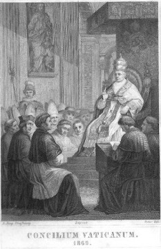 Pius IX. sitzt auf dem Papststuhl, umgeben von Kardinälen, die den Segen des Papstes erhalten