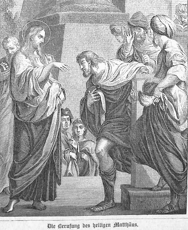 Der Zöllner Matthäus wird von Jesus gerufen, Ihm nachzufolgen; er verläßt seinen Zollposten,