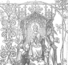 Maria, die Gottesmutter, sitzt als Himmelskönigin auf einem Thron, das Jesuskind auf ihrem Schoß; sie hält in der Hand einen Rosenkranz; zwei Engel rechts und links umschweben sie; ein Mann und eine Frau mit Kind rechts und links im Vordergrund knien vor ihr