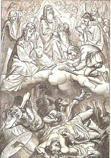 Das letzte Gericht: Im Himmel sieht man die heiligste Dreifaltigkeit mit den Engeln und Heiligen; unten sieht man die Hölle mit den Verworfenen.